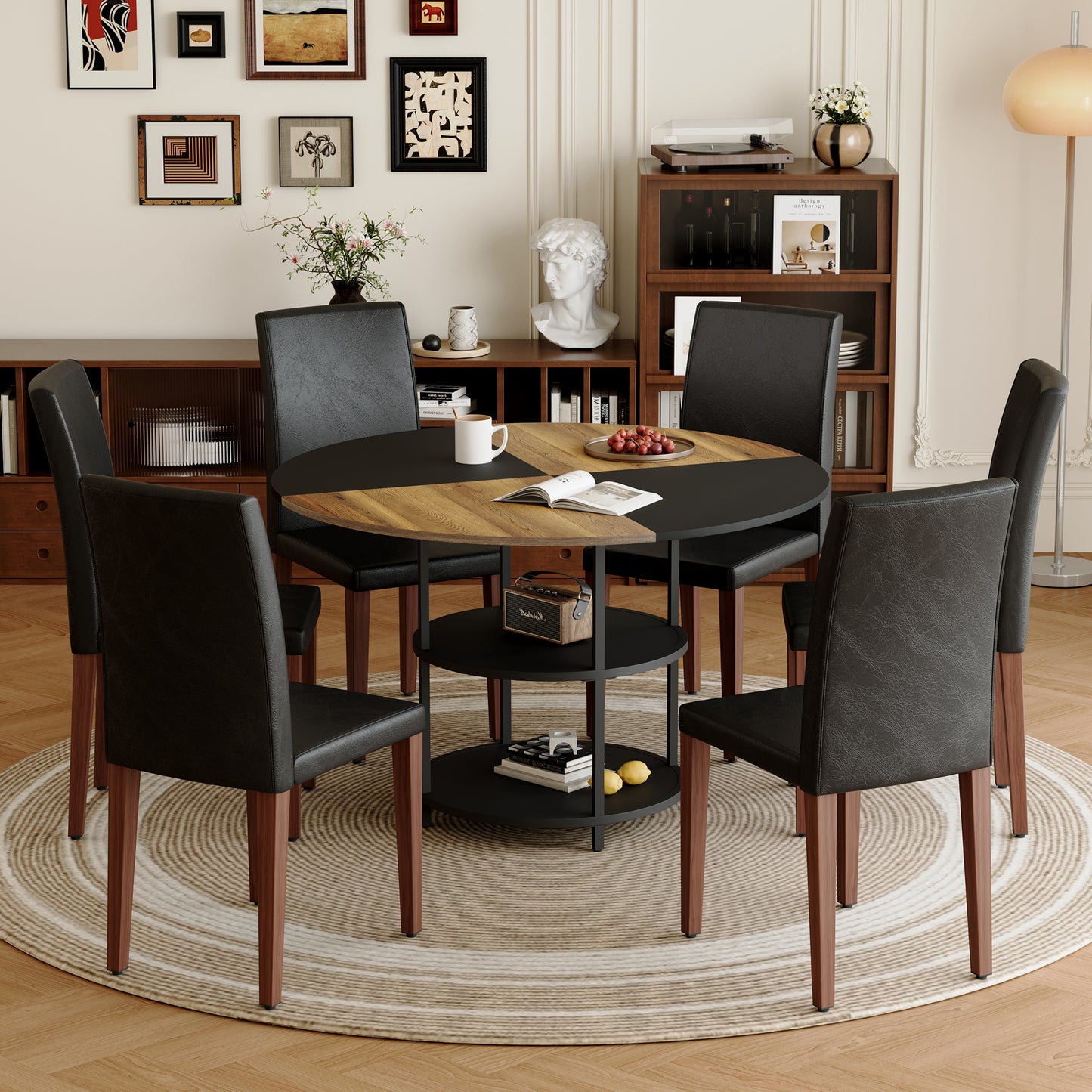 47.3 - Inch Spliced - Color Circular Dining Table Set: 4-6 Black PU Chairs, Double - Layer Storage