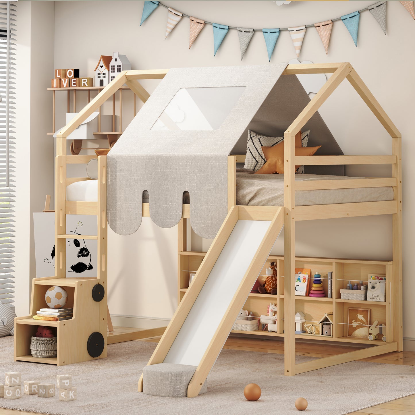 Wooden Loft Bed with House - Shaped Frame and Tent: Ideal for Kids' Rooms