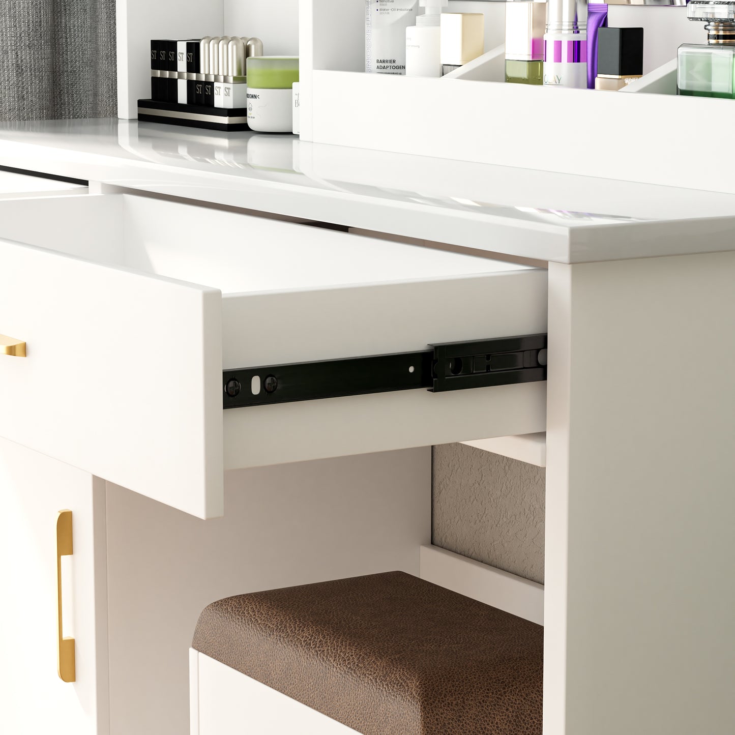 32'' Wide Makeup Vanity Desk: Lighted Mirror, Power Outlet, Ample Storage & Cushioned Stool for Bedroom & Studio