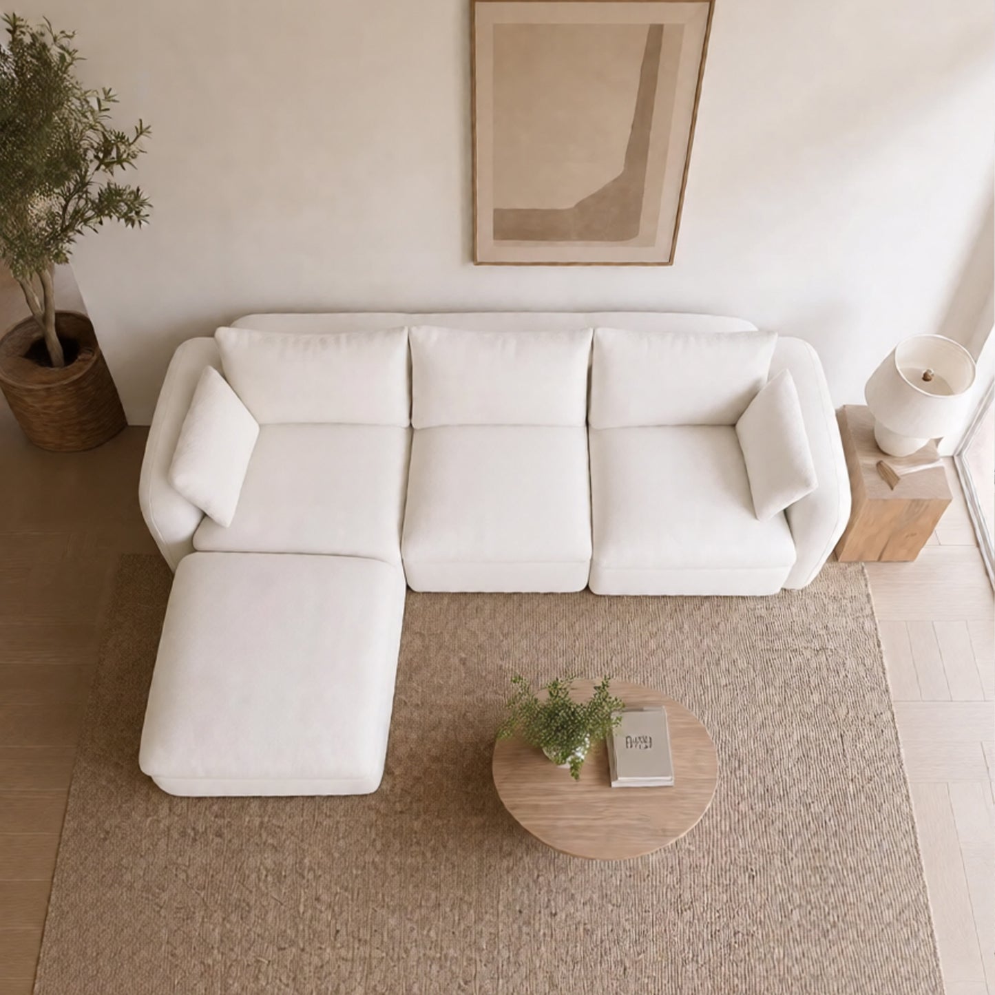Fully Sponge Compressed Sectional Sofa – High Resilience Foam, White Chenille, Modular Loveseat/ L-Shaped Sofa