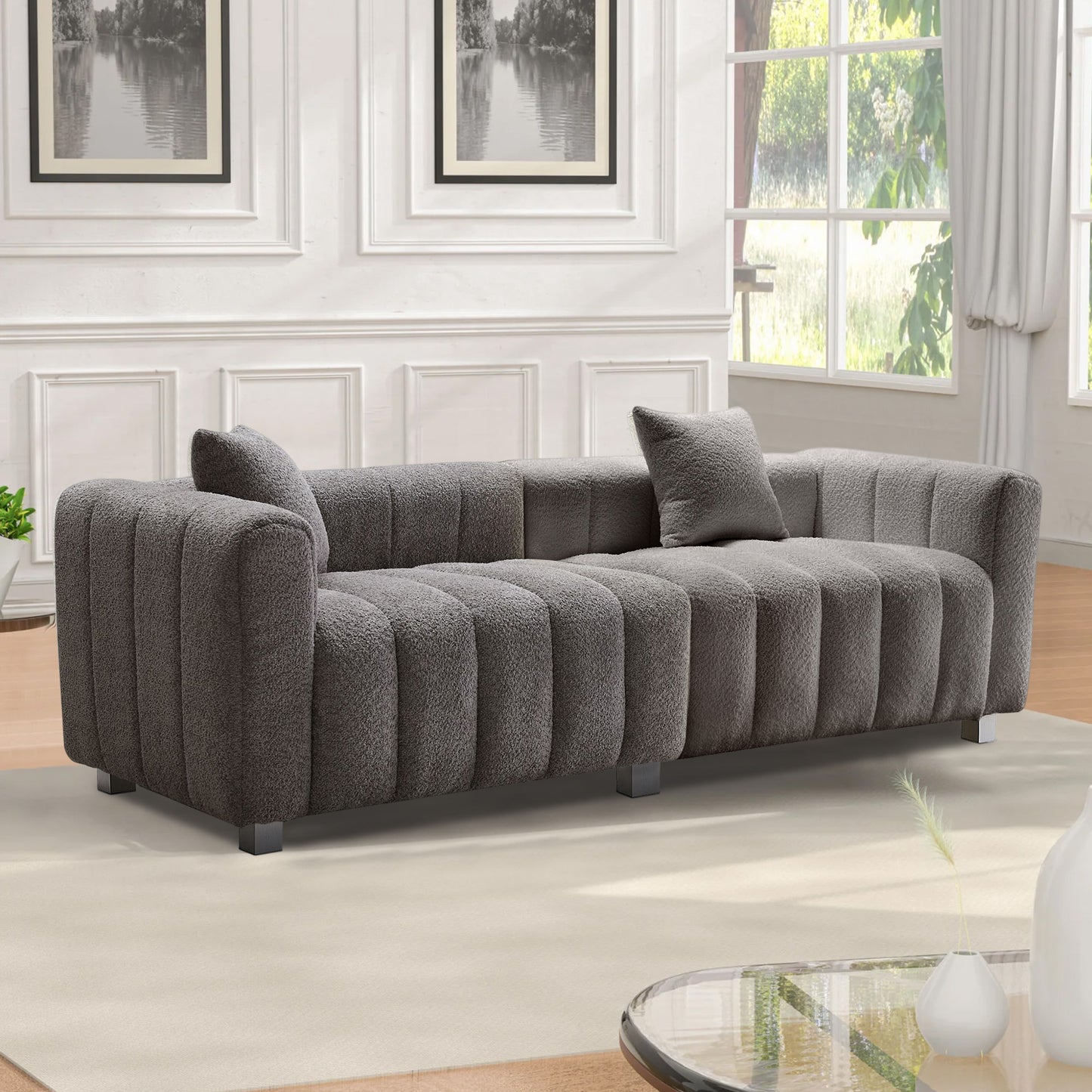 Premium Velvet Sofa 3-Seater Loveseat | Modern Bubble Upholstered Couch with Metal Base Legs + 2 Pillows – Modular Piano Design