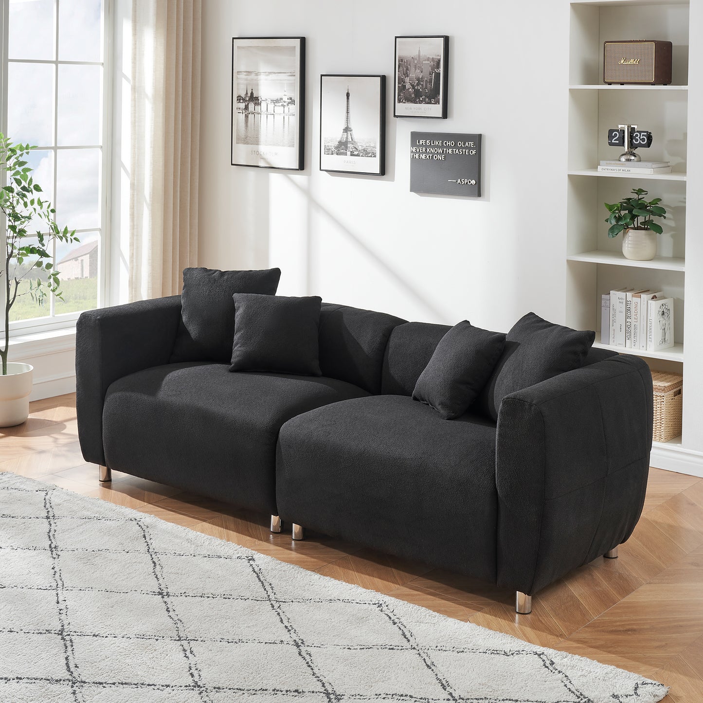 3 Seater Sofa Fashion Sofa with Metal Legs Solid Wood Frame Couch with 4 Pillows