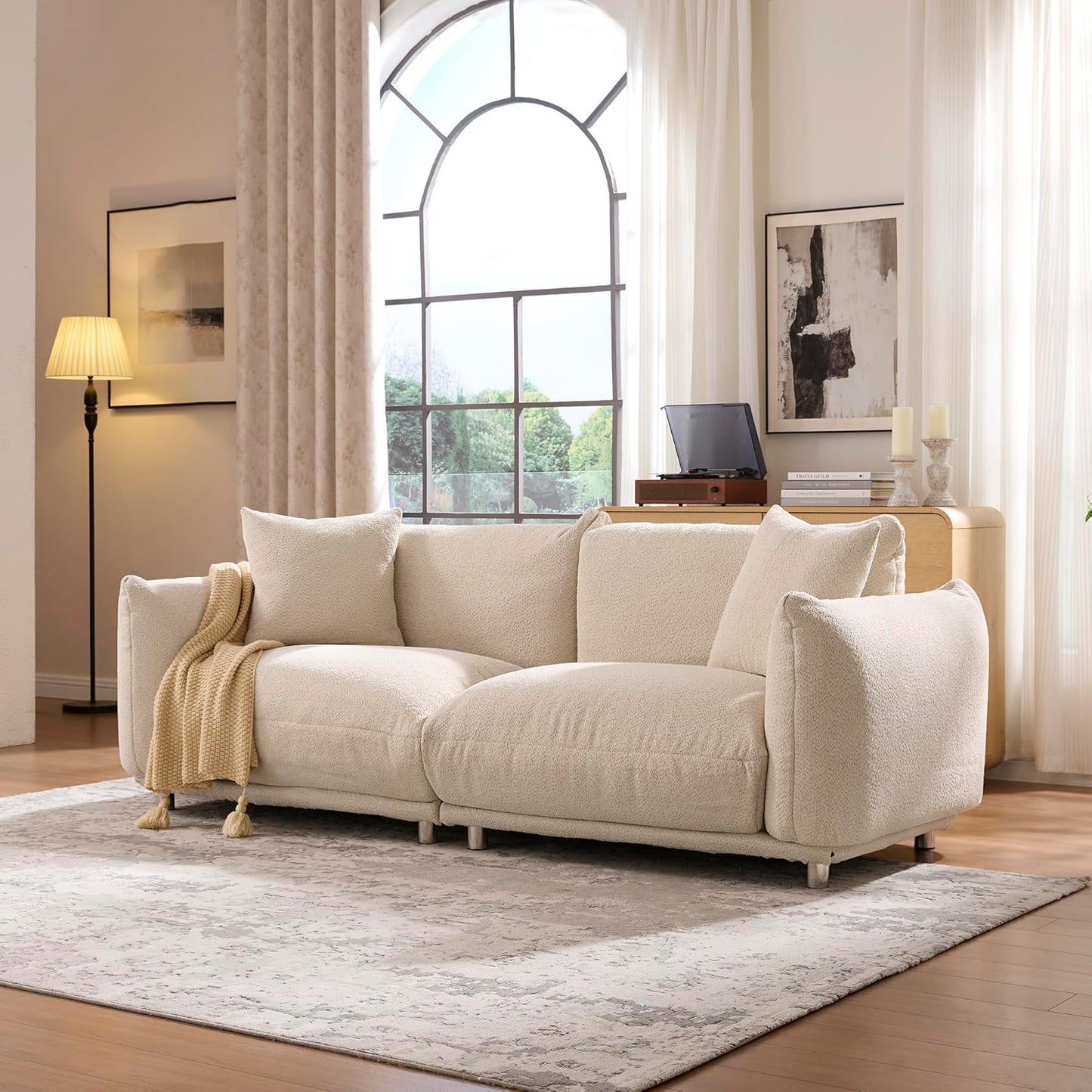 Upholstered 3-Seater Loveseat Sofa | Modern Boucle Couch with 2 Pillows – High-Density Foam, Solid Wood Frame, Metal Legs for Living Room, Apartment