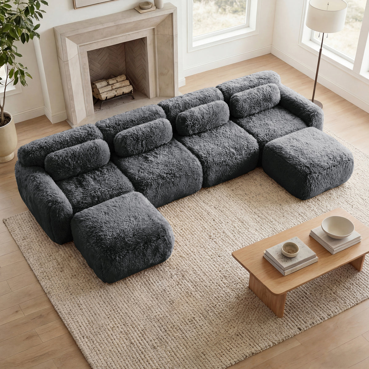 2-4 Seat Soft  Fluffy Plush Boneless Sofa – Modular Sectional with Throw Pillows, 32D High-Density Sponge, No Assembly, Anti-Slip Buckle Connection