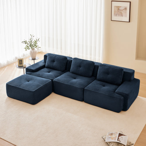 Modular Sectional Sofa for Living Room, Corduroy Fabric Deep Seat and Movable Ottoman, Pearl-like piping, Tufted Design, No Assembly