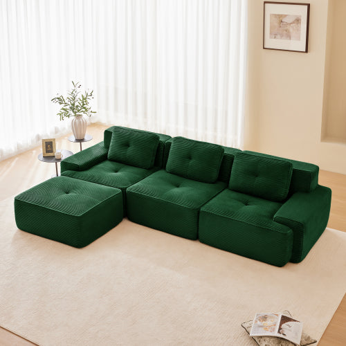 Modular Sectional Sofa for Living Room, Corduroy Fabric Deep Seat and Movable Ottoman, Pearl-like piping, Tufted Design, No Assembly