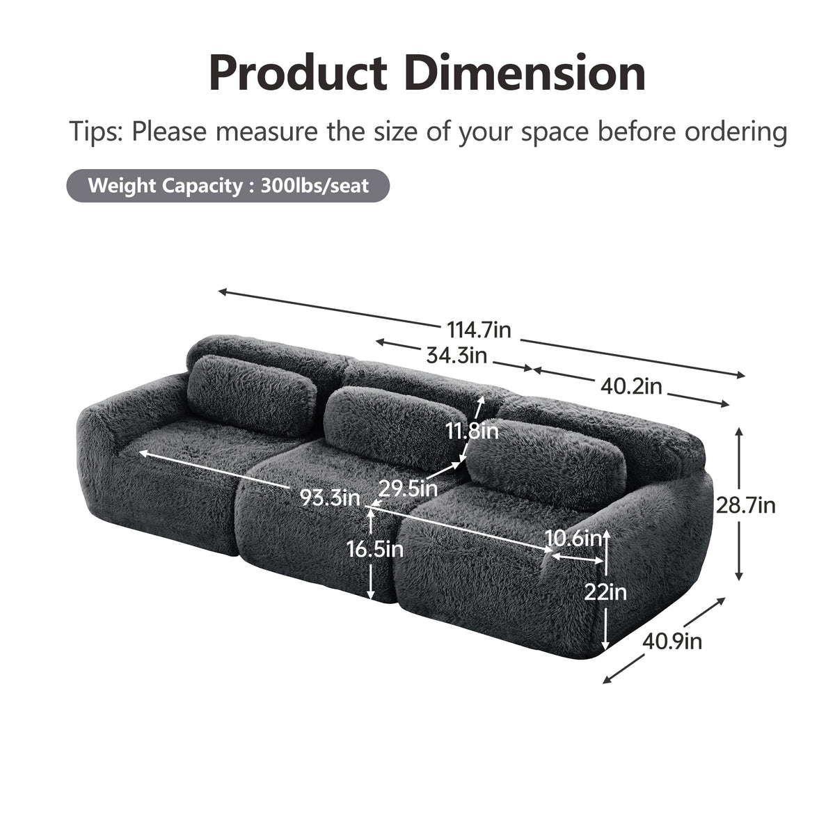 2-4 Seat Soft  Fluffy Plush Boneless Sofa – Modular Sectional with Throw Pillows, 32D High-Density Sponge, No Assembly, Anti-Slip Buckle Connection