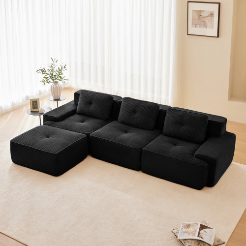 Modular Sectional Sofa for Living Room, Corduroy Fabric Deep Seat and Movable Ottoman, Pearl-like piping, Tufted Design, No Assembly