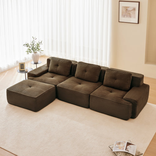 Modular Sectional Sofa for Living Room, Corduroy Fabric Deep Seat and Movable Ottoman, Pearl-like piping, Tufted Design, No Assembly
