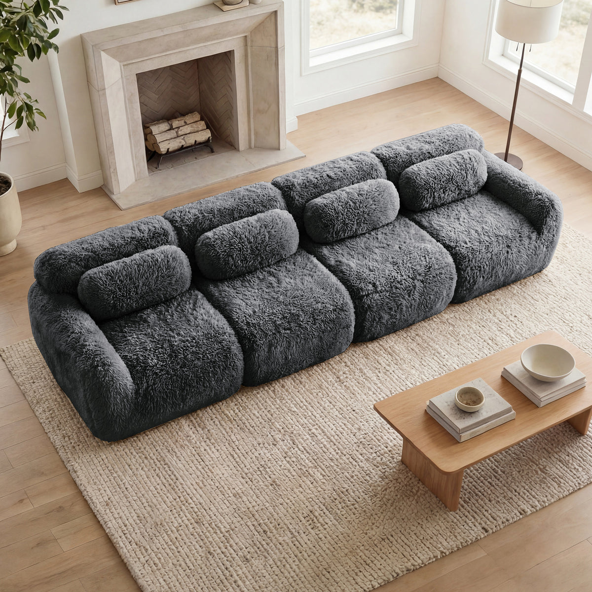 2-4 Seat Soft  Fluffy Plush Boneless Sofa – Modular Sectional with Throw Pillows, 32D High-Density Sponge, No Assembly, Anti-Slip Buckle Connection