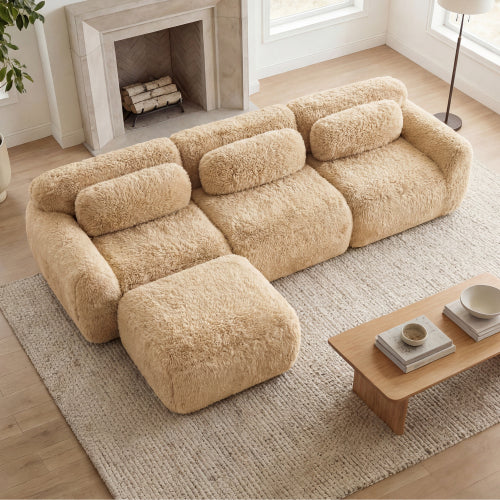 2-4 Seat Soft  Fluffy Plush Boneless Sofa – Modular Sectional with Throw Pillows, 32D High-Density Sponge, No Assembly, Anti-Slip Buckle Connection