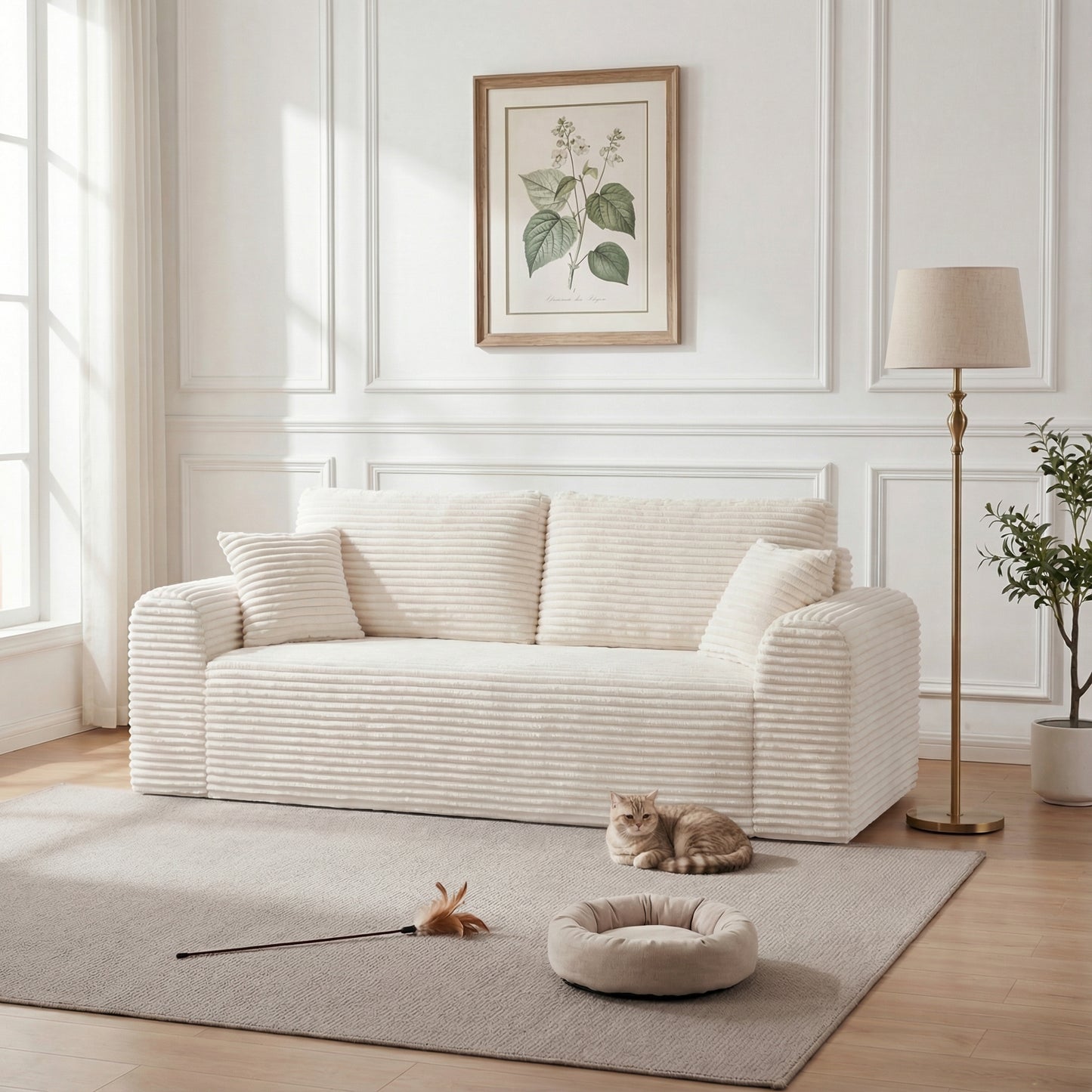 3-Seater Corduroy Boneless Couch with 2 Pillows | No Assembly, Vacuum-Sealed Sofa-in-a-Box for Living Room – Beige/Black