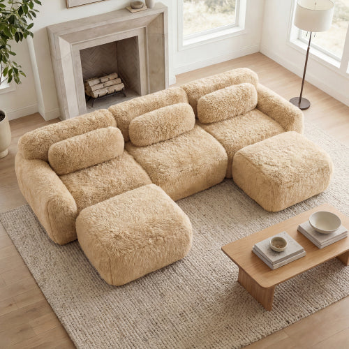 2-4 Seat Soft  Fluffy Plush Boneless Sofa – Modular Sectional with Throw Pillows, 32D High-Density Sponge, No Assembly, Anti-Slip Buckle Connection