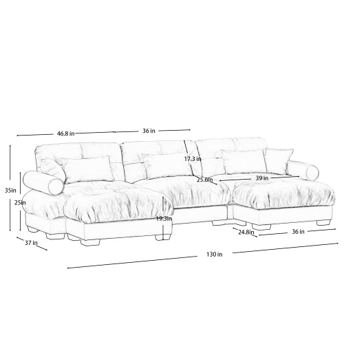 Deep Seat Cloud Couch in Cream: Modular Velvet Sectional with Bolstered Armrests 2-3-4 seats