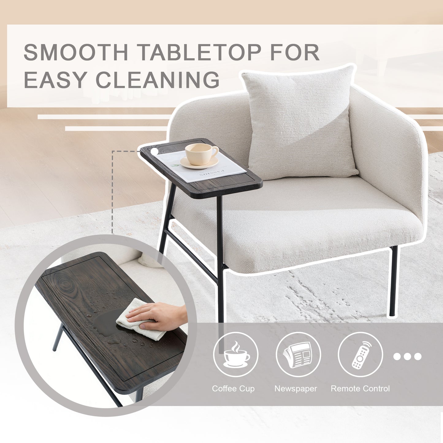 Lounge Relaxing Chair with Small Table and Back Pillow | Modern Upholstered Chair, Metal Legs, Side Pockets – 6 Colors