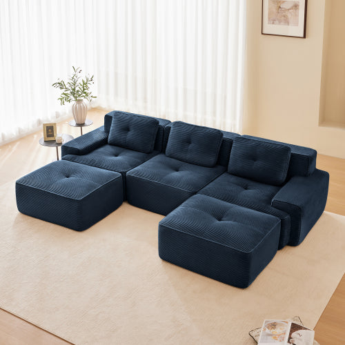 Modular Sectional Sofa for Living Room, Corduroy Fabric Deep Seat and Movable Ottoman, Pearl-like piping, Tufted Design, No Assembly