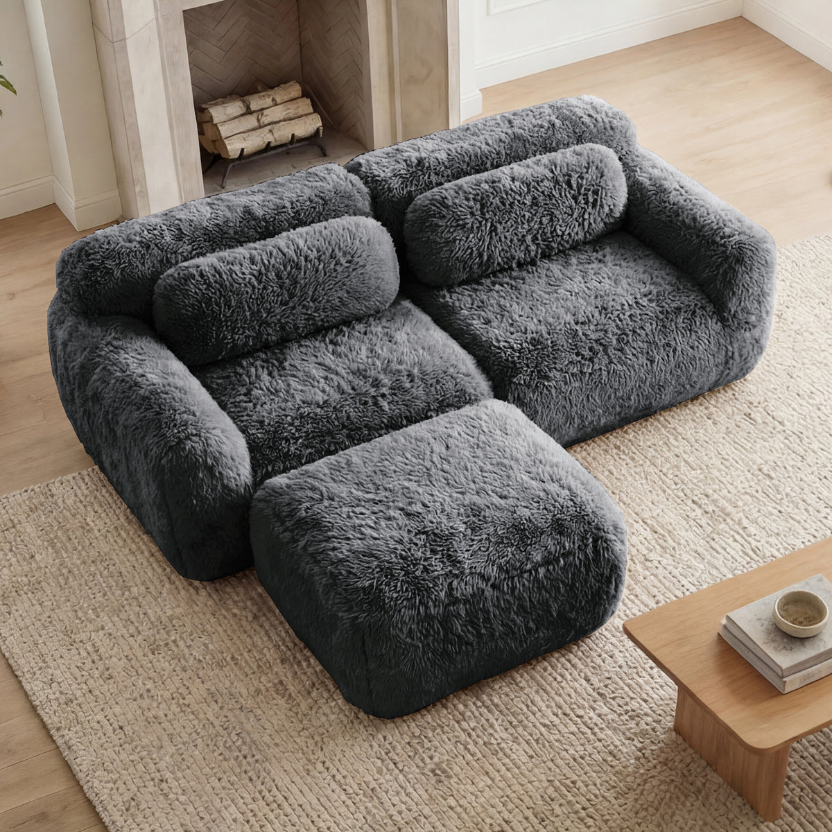 2-4 Seat Soft  Fluffy Plush Boneless Sofa – Modular Sectional with Throw Pillows, 32D High-Density Sponge, No Assembly, Anti-Slip Buckle Connection