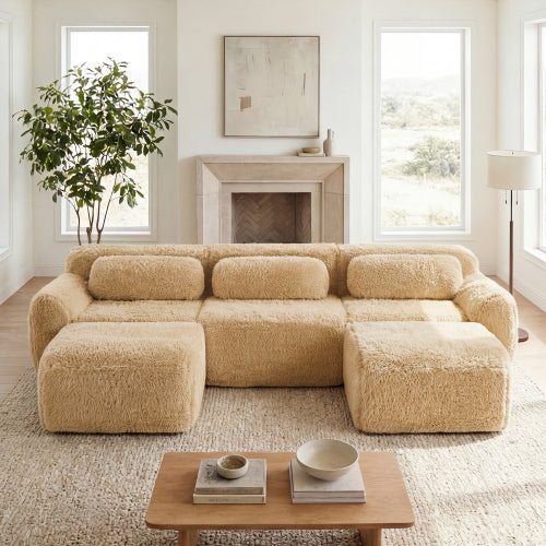 2-4 Seat Soft  Fluffy Plush Boneless Sofa – Modular Sectional with Throw Pillows, 32D High-Density Sponge, No Assembly, Anti-Slip Buckle Connection
