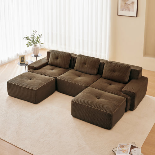 Modular Sectional Sofa for Living Room, Corduroy Fabric Deep Seat and Movable Ottoman, Pearl-like piping, Tufted Design, No Assembly