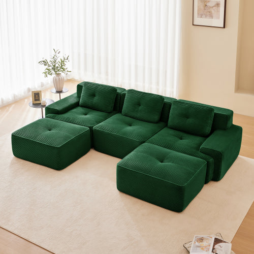 Modular Sectional Sofa for Living Room, Corduroy Fabric Deep Seat and Movable Ottoman, Pearl-like piping, Tufted Design, No Assembly