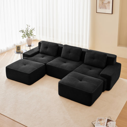Modular Sectional Sofa for Living Room, Corduroy Fabric Deep Seat and Movable Ottoman, Pearl-like piping, Tufted Design, No Assembly