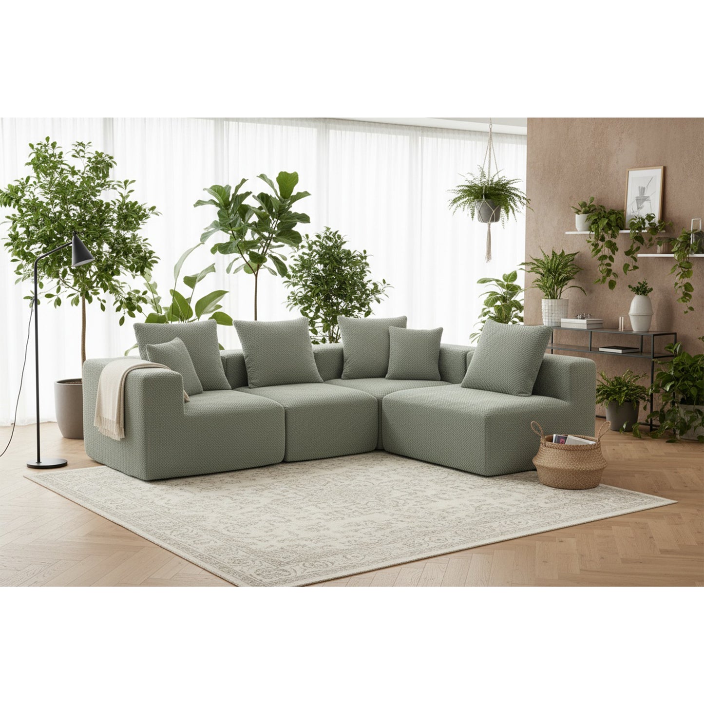Modular 3-4 Seat Sectional Sofa – All-Foam Deep-Seat Couch with Plush Textured Chenille (Light Green)