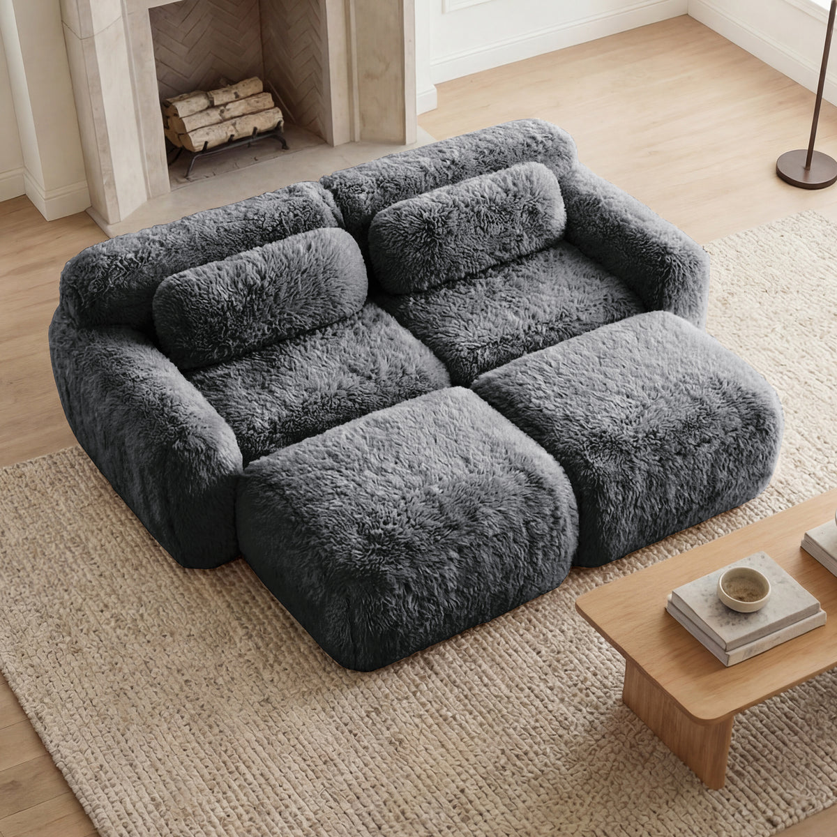 2-4 Seat Soft  Fluffy Plush Boneless Sofa – Modular Sectional with Throw Pillows, 32D High-Density Sponge, No Assembly, Anti-Slip Buckle Connection