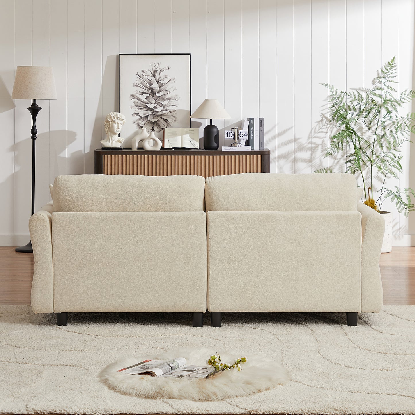 Chenille fabric upholstered 3-seater sofa with 2 cushions and 1 lumbar pillow Armrest