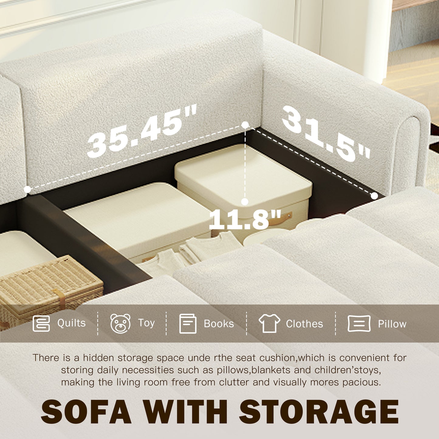 4-Seater Modern Teddy Fabric Couch with Seats Storage, King Size 3-in-1 Convertible Sleeper Sofa Bed