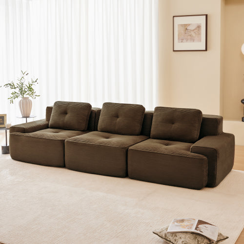 Modular Sectional Sofa for Living Room, Corduroy Fabric Deep Seat and Movable Ottoman, Pearl-like piping, Tufted Design, No Assembly