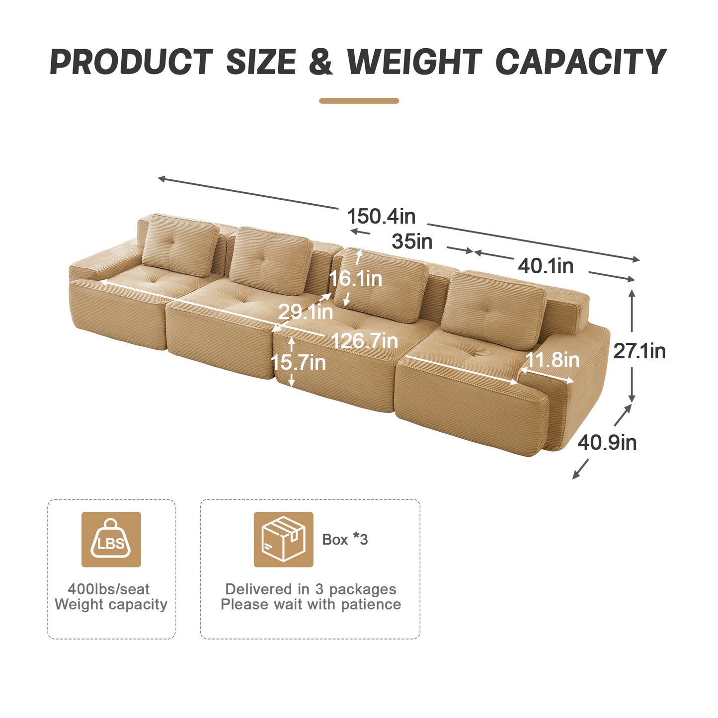 Modular Sectional Sofa for Living Room, Corduroy Fabric Deep Seat and Movable Ottoman, Pearl-like piping, Tufted Design, No Assembly