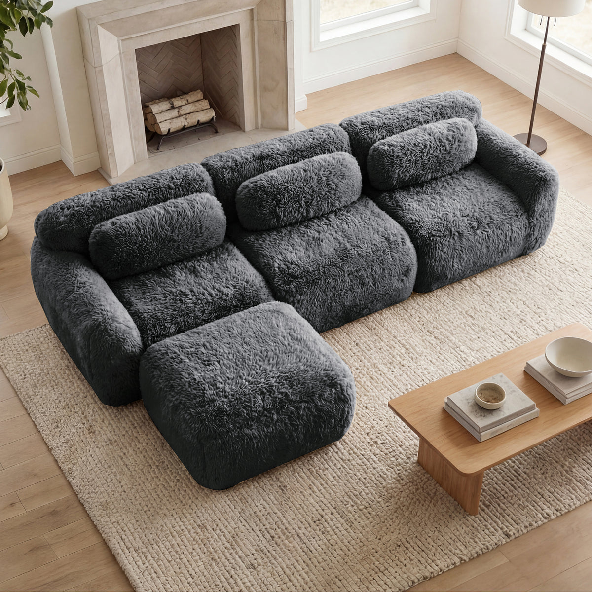 2-4 Seat Soft  Fluffy Plush Boneless Sofa – Modular Sectional with Throw Pillows, 32D High-Density Sponge, No Assembly, Anti-Slip Buckle Connection