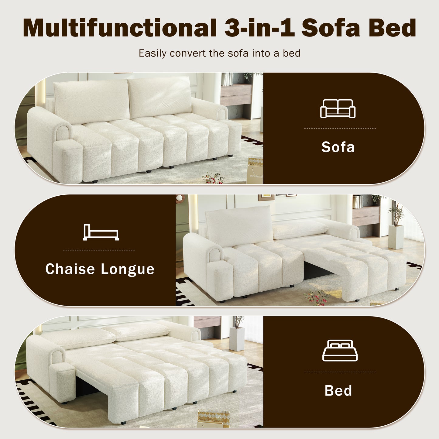4-Seater Modern Teddy Fabric Couch with Seats Storage, King Size 3-in-1 Convertible Sleeper Sofa Bed