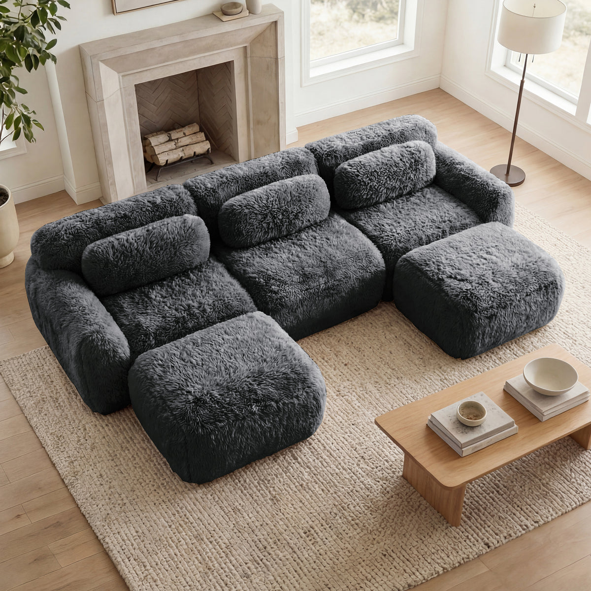 2-4 Seat Soft  Fluffy Plush Boneless Sofa – Modular Sectional with Throw Pillows, 32D High-Density Sponge, No Assembly, Anti-Slip Buckle Connection