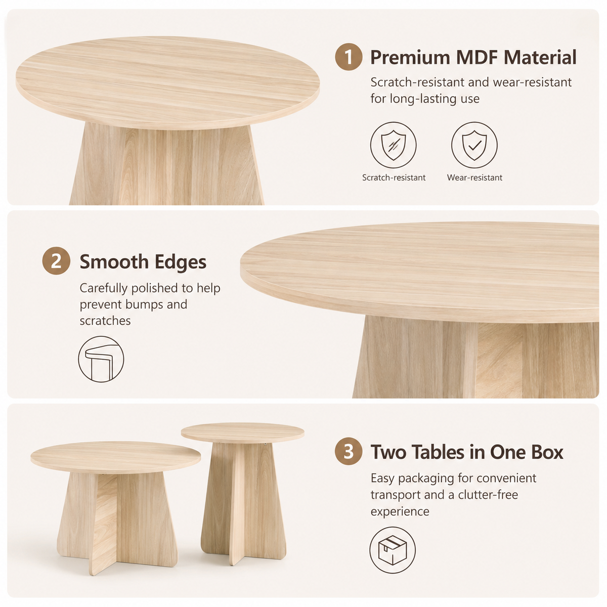 Retro-Style Nesting Coffee Table Set – Walnut or Natural Wood Finishes, Round Side Tables with Crisscross Legs