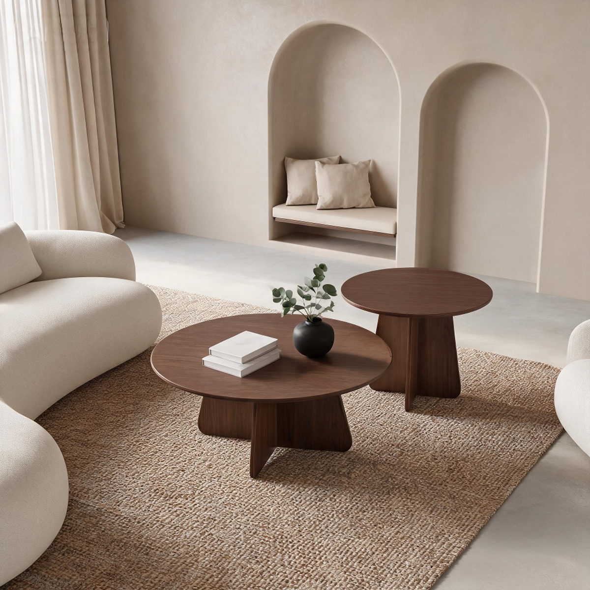 Retro-Style Nesting Coffee Table Set – Walnut or Natural Wood Finishes, Round Side Tables with Crisscross Legs