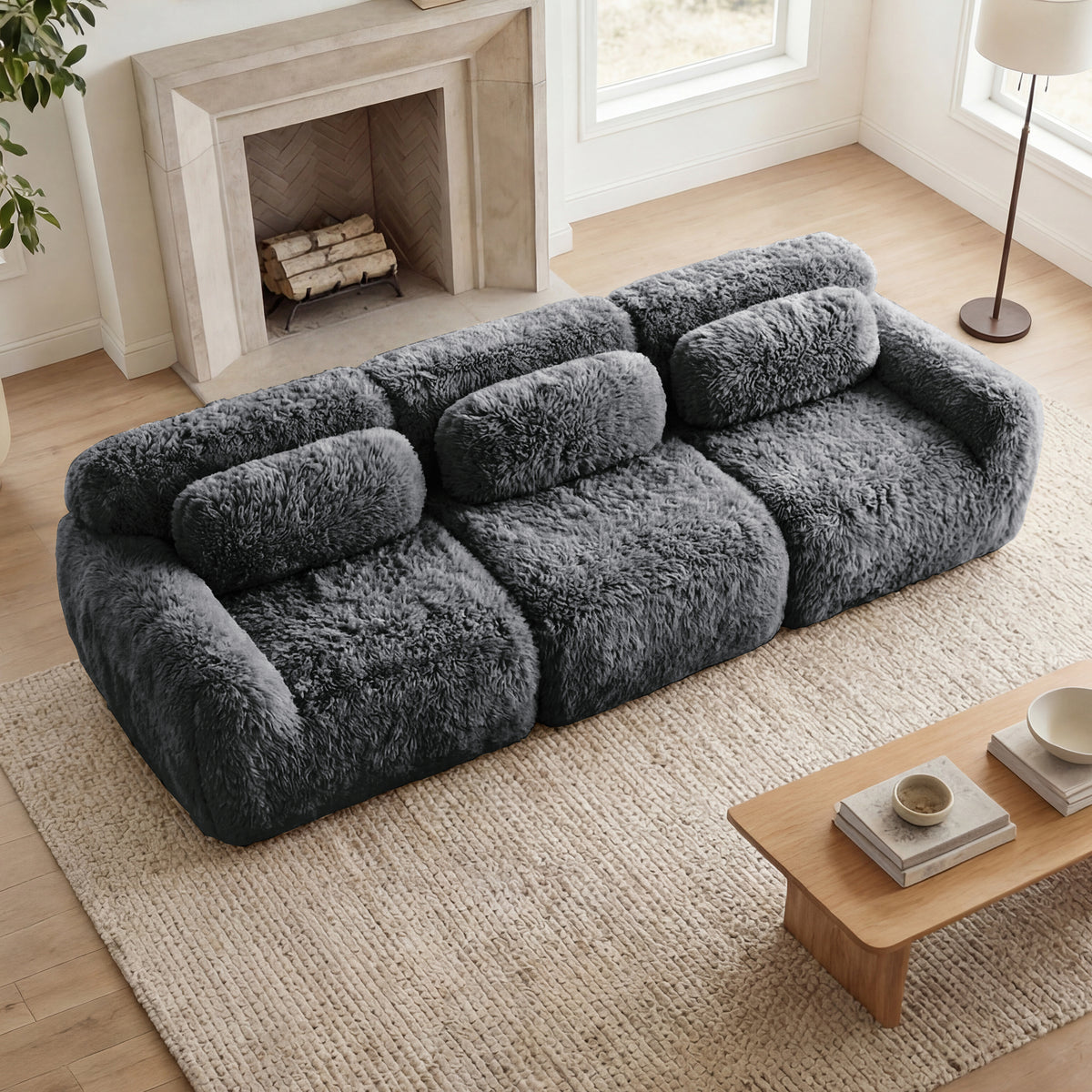 2-4 Seat Soft  Fluffy Plush Boneless Sofa – Modular Sectional with Throw Pillows, 32D High-Density Sponge, No Assembly, Anti-Slip Buckle Connection