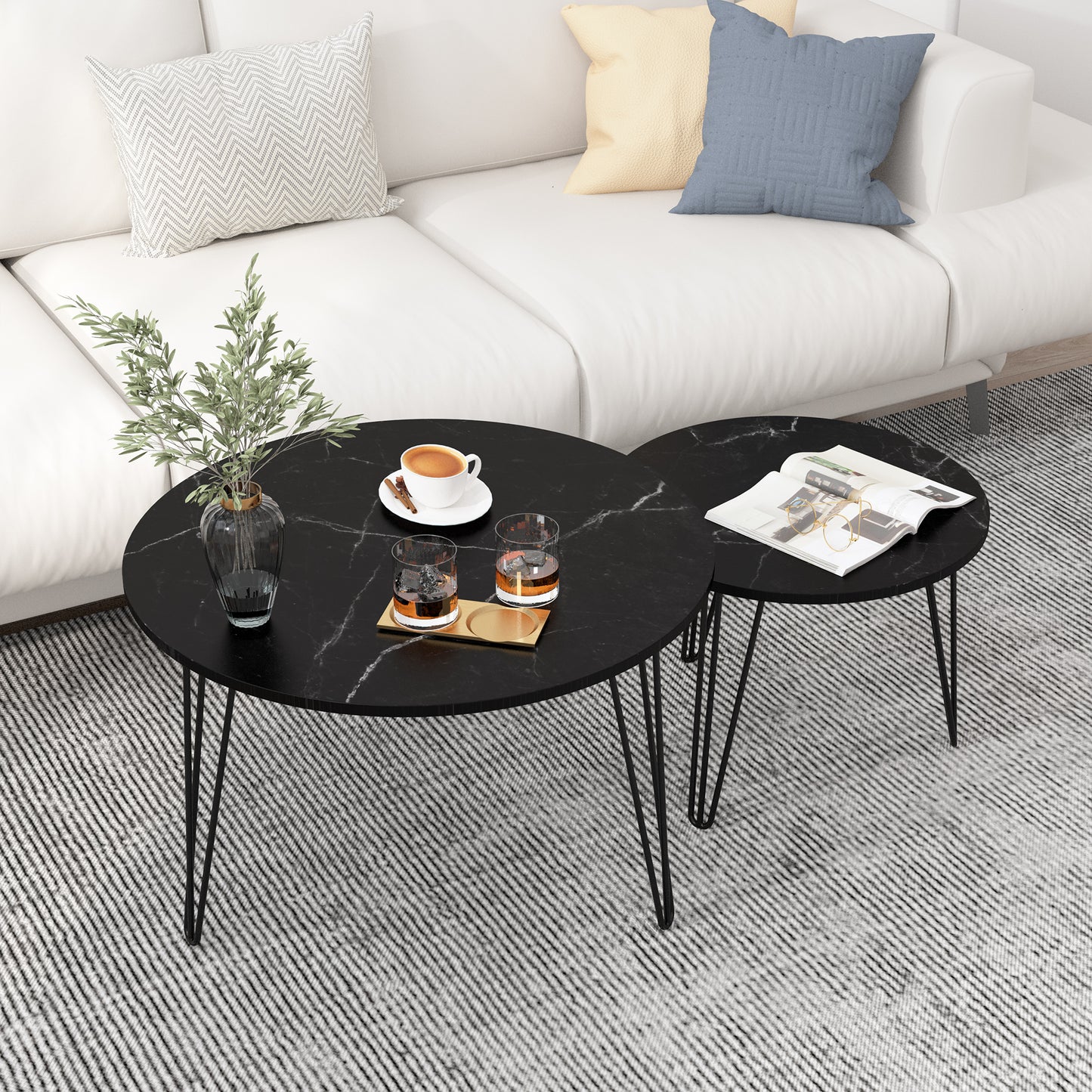 2 - Piece 27.56'' Round Nesting Coffee Table Set: Wooden Top, Sturdy Metal Base for Living & Bedroom