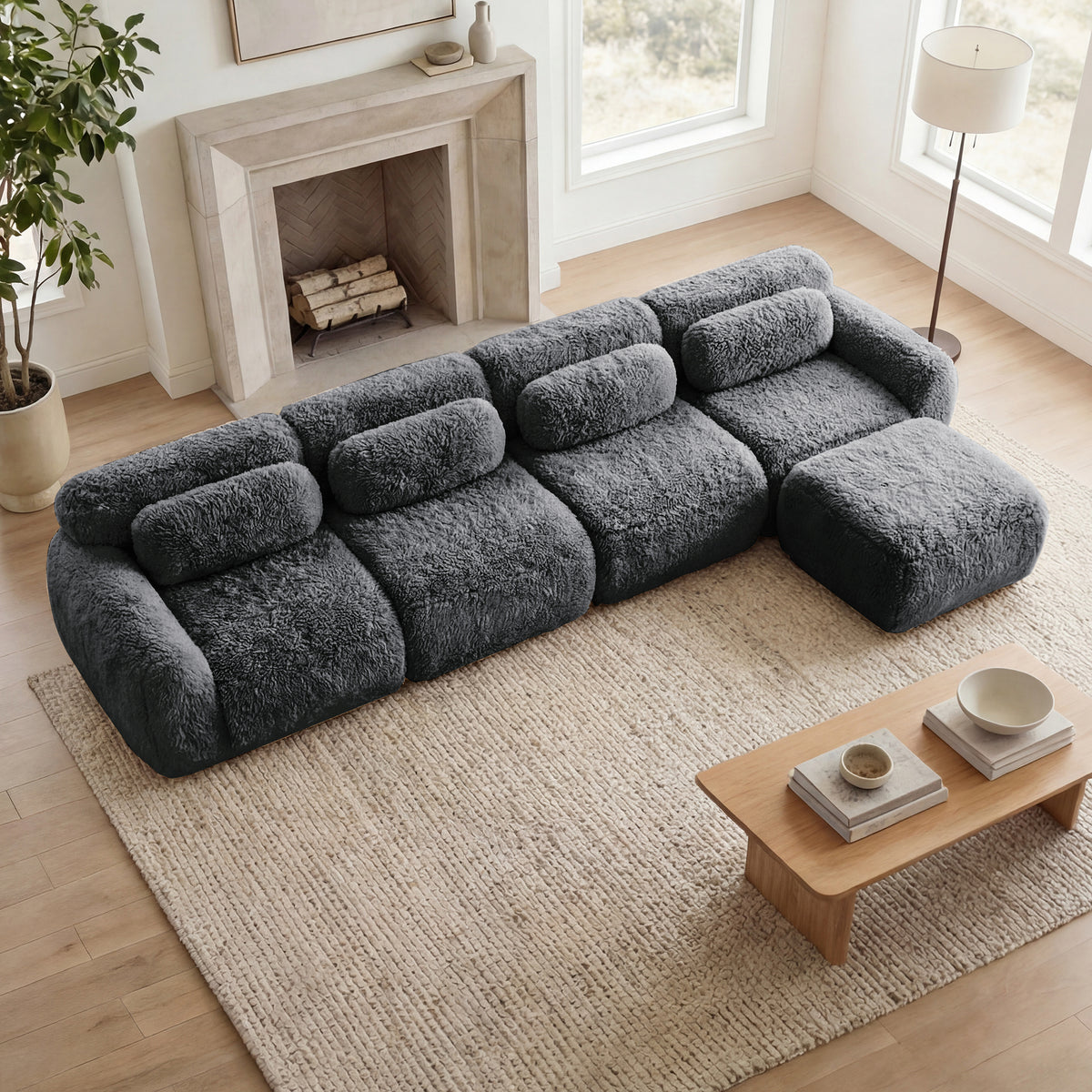 2-4 Seat Soft  Fluffy Plush Boneless Sofa – Modular Sectional with Throw Pillows, 32D High-Density Sponge, No Assembly, Anti-Slip Buckle Connection