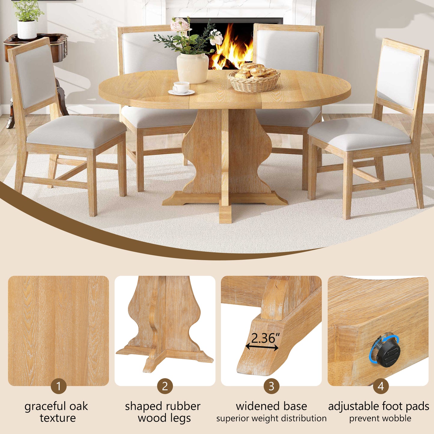 5-Piece Dining Table Set with 4 Upholstered Chairs – Extendable Wood Table with 15.7" Leaf