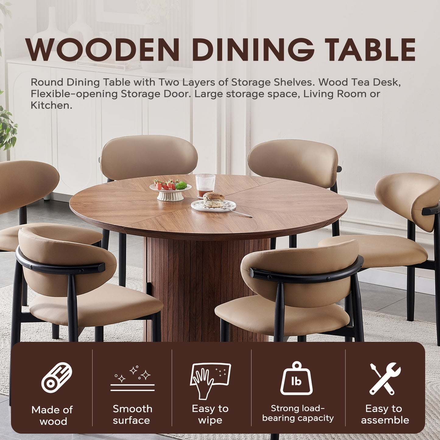 Round Dining Table with Two Layers of Storage Shelves