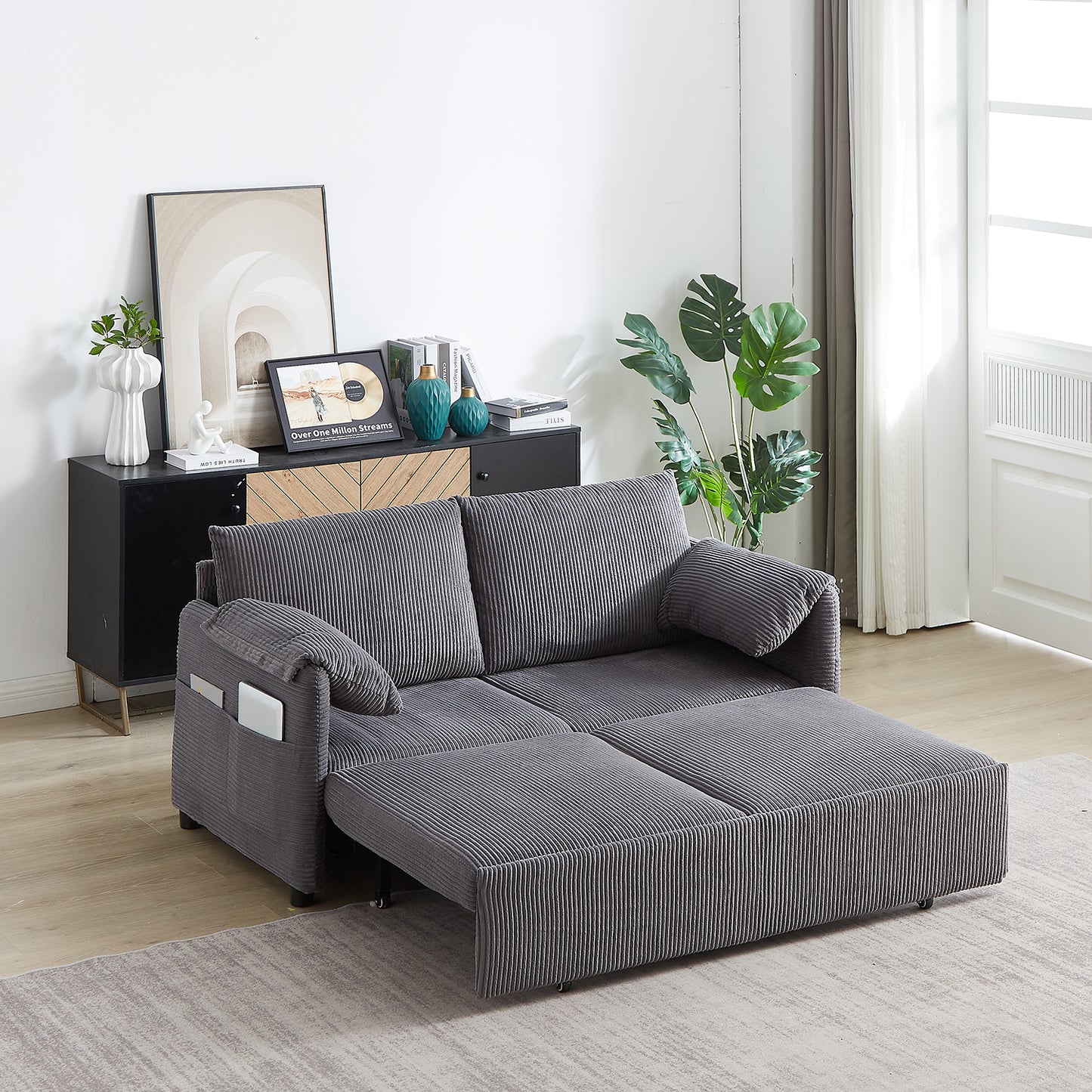 Sleeper Sofa Bed 3-in-1 Adjustable Sleeper with Pullout Bed, 2 Pillows and Side Pockets – Corduroy Loveseat