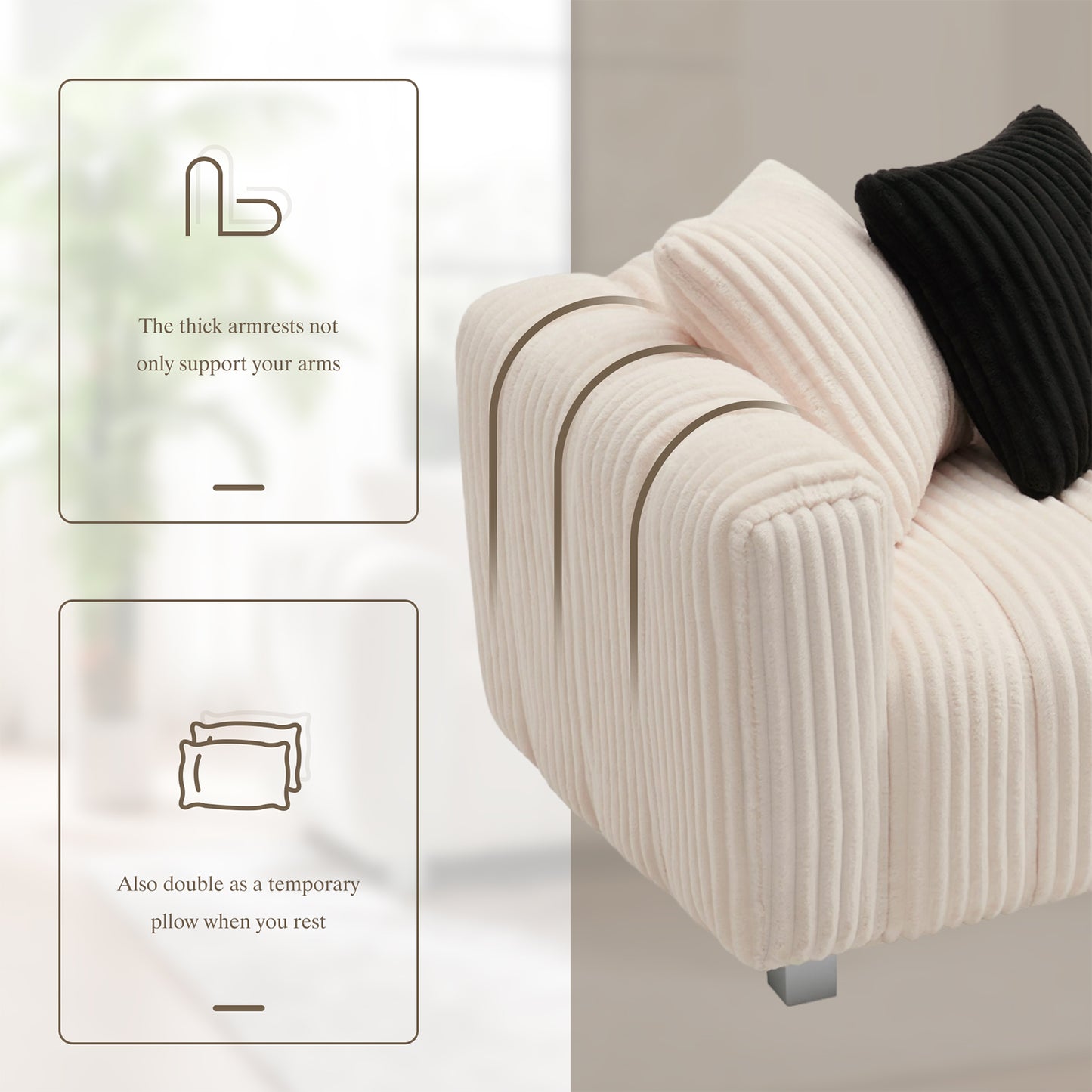 82-inch premium corduroy two-seater sofa with metal legs and cushions