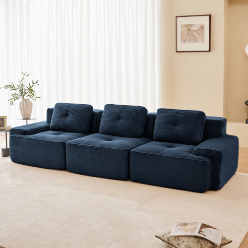 Modular Sectional Sofa for Living Room, Corduroy Fabric Deep Seat and Movable Ottoman, Pearl-like piping, Tufted Design, No Assembly