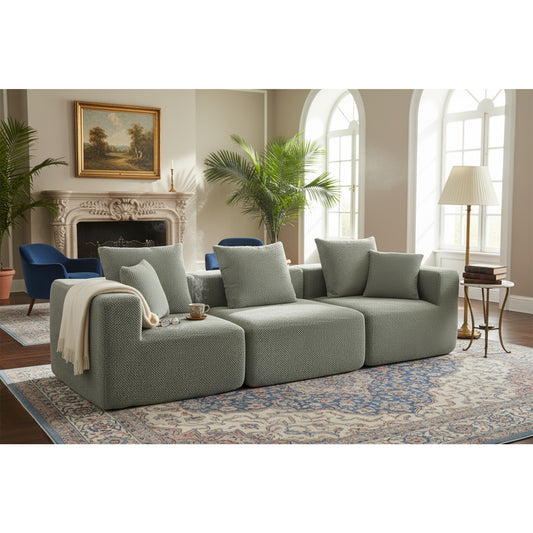Modular 3-4 Seat Sectional Sofa – All-Foam Deep-Seat Couch with Plush Textured Chenille (Light Green)