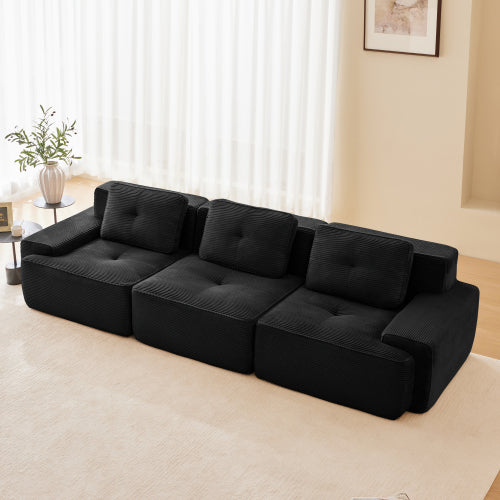 Modular Sectional Sofa for Living Room, Corduroy Fabric Deep Seat and Movable Ottoman, Pearl-like piping, Tufted Design, No Assembly