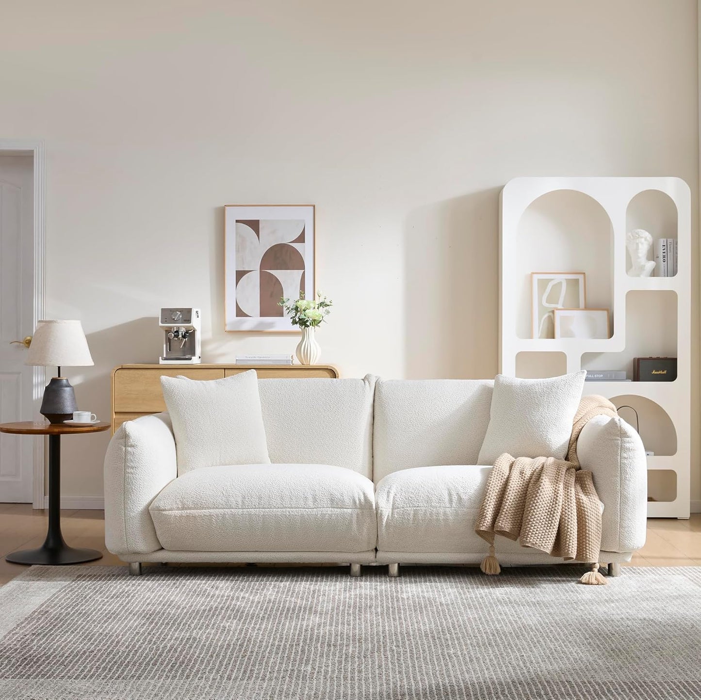 Upholstered 3-Seater Loveseat Sofa | Modern Boucle Couch with 2 Pillows – High-Density Foam, Solid Wood Frame, Metal Legs for Living Room, Apartment