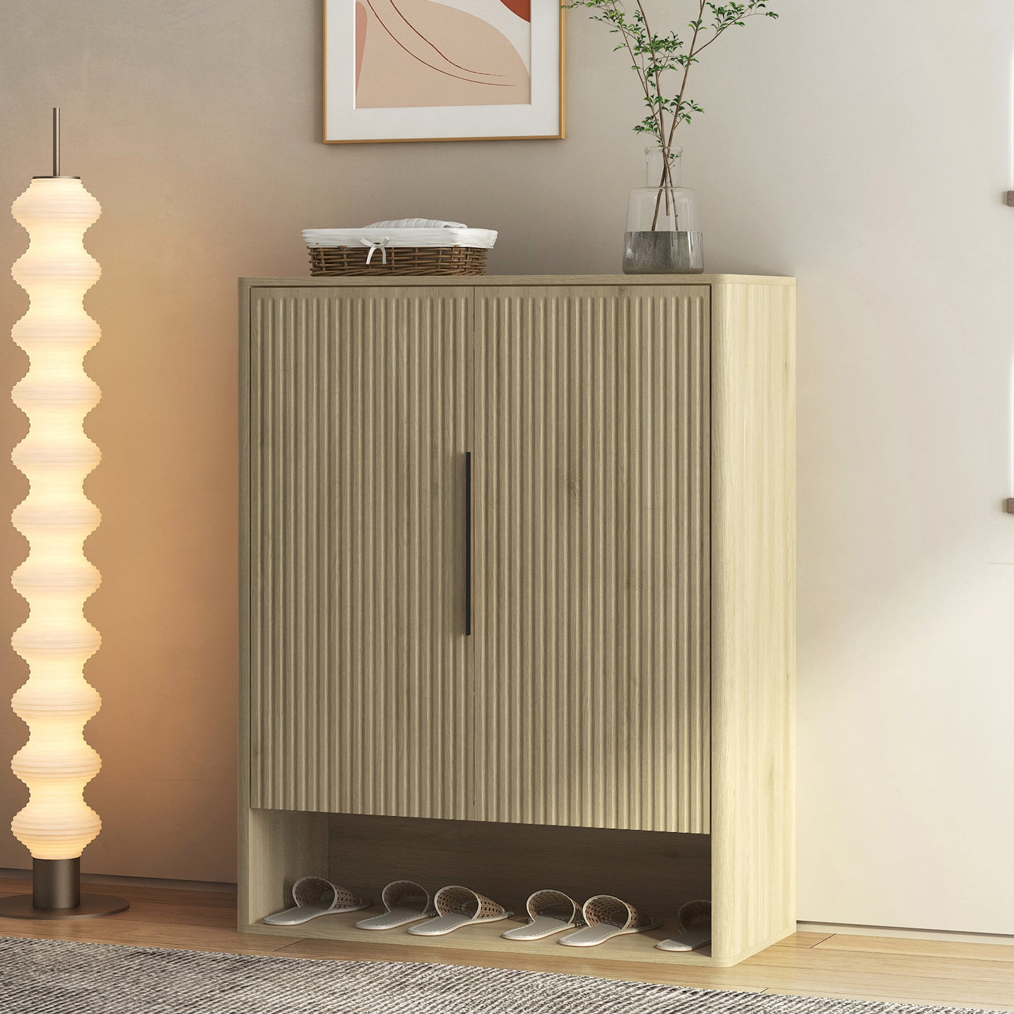 Modern Shoe Organizer with Adjustable Shelves | 4-Layer Entryway Shoe Cabinet – Walnut/Natural Wood, Anti-Tip Design