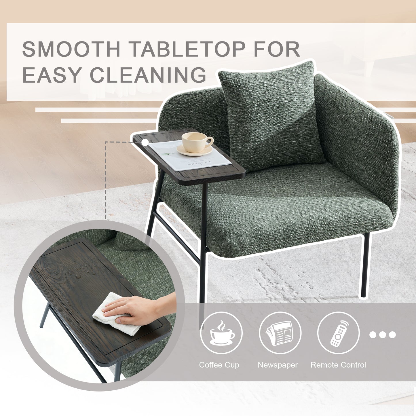 Lounge Relaxing Chair with Small Table and Back Pillow | Modern Upholstered Chair, Metal Legs, Side Pockets – 6 Colors