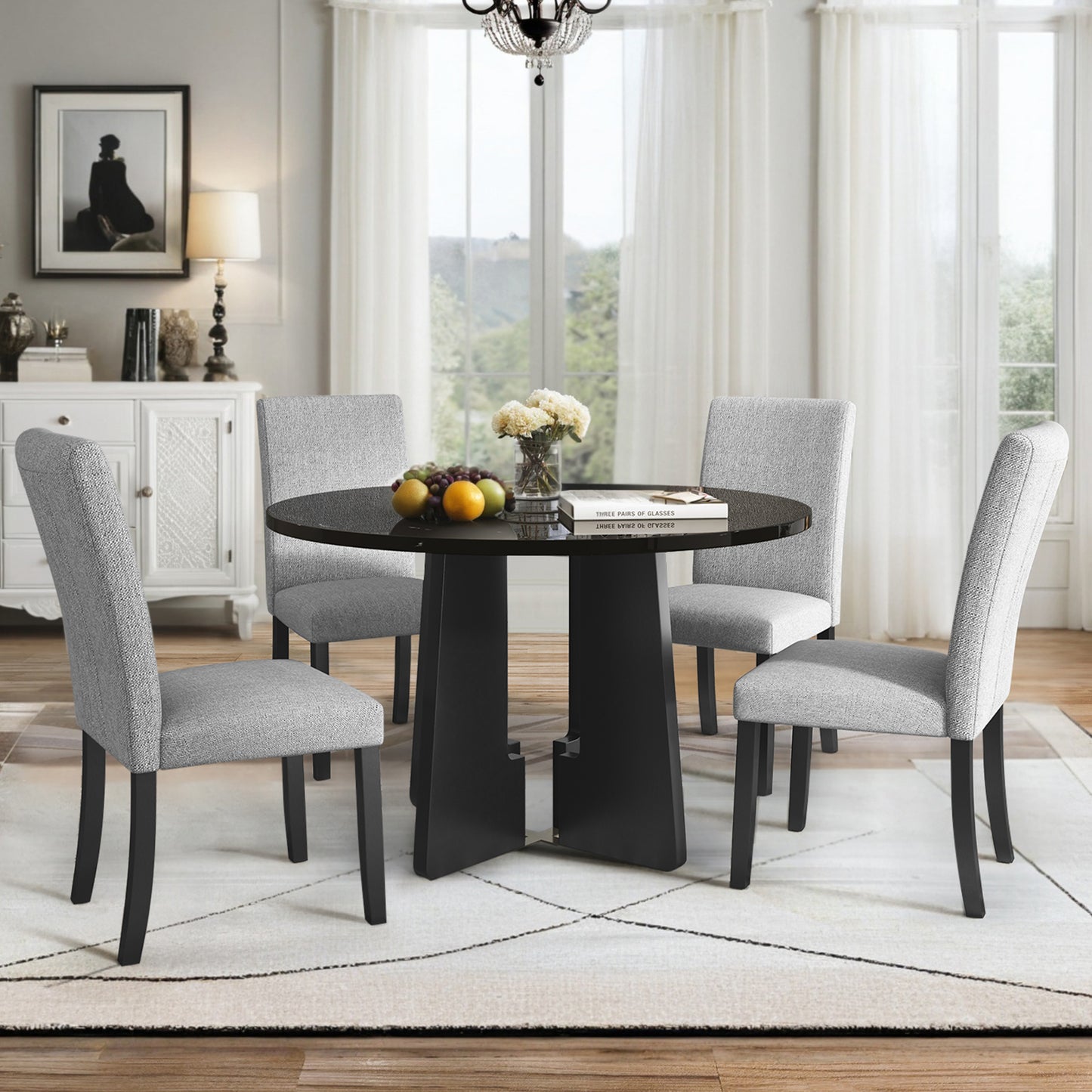 5 - Piece Round Dining Table Set: 43 - Inch Modern Table with 4 Upholstered Chairs, Easy Assembly for Dining Room